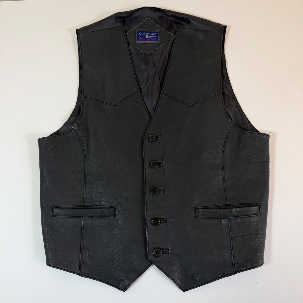 Coleman Outdoors Mens Black Genuine Leather Vest Medium Western Biker‎